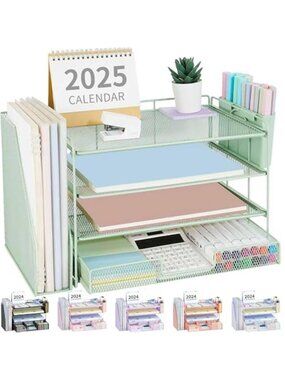 Metal Desk Organizer Set Office File Holder Pen Storage Drawer Mesh Desktop Rack